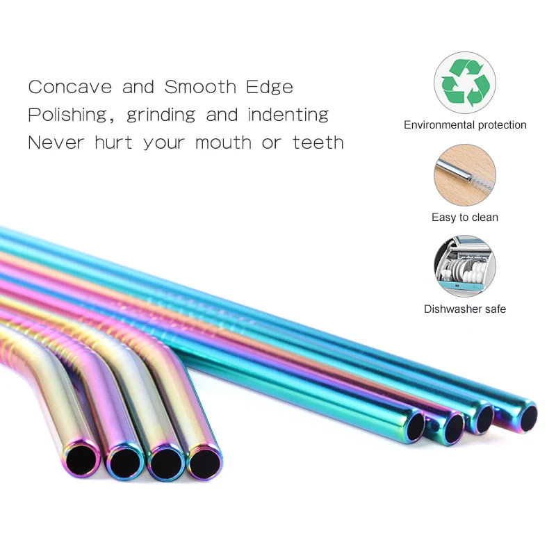 Metal Reusable Stainless Steel Straws Straight Bent With Cleaning Brush Set Party Bar accessory