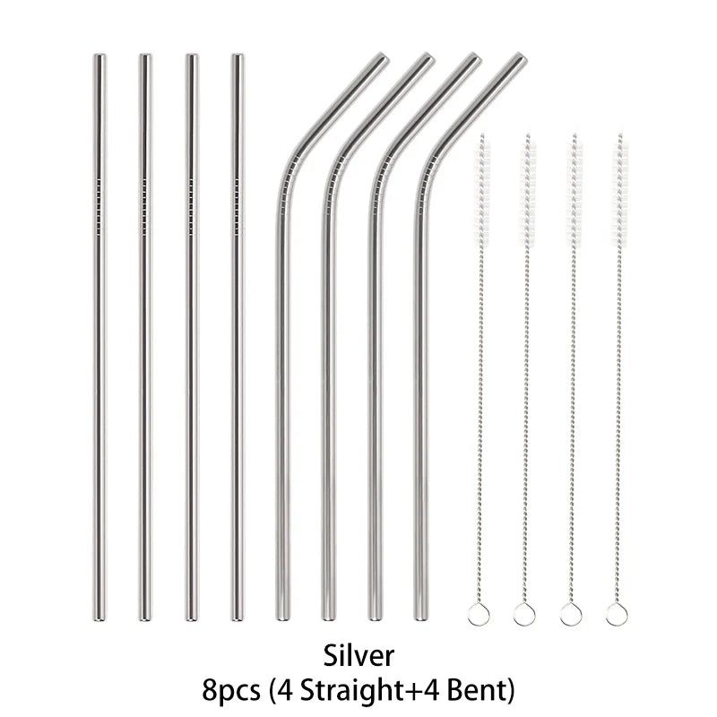 Metal Reusable Stainless Steel Straws Straight Bent With Cleaning Brush Set Party Bar accessory