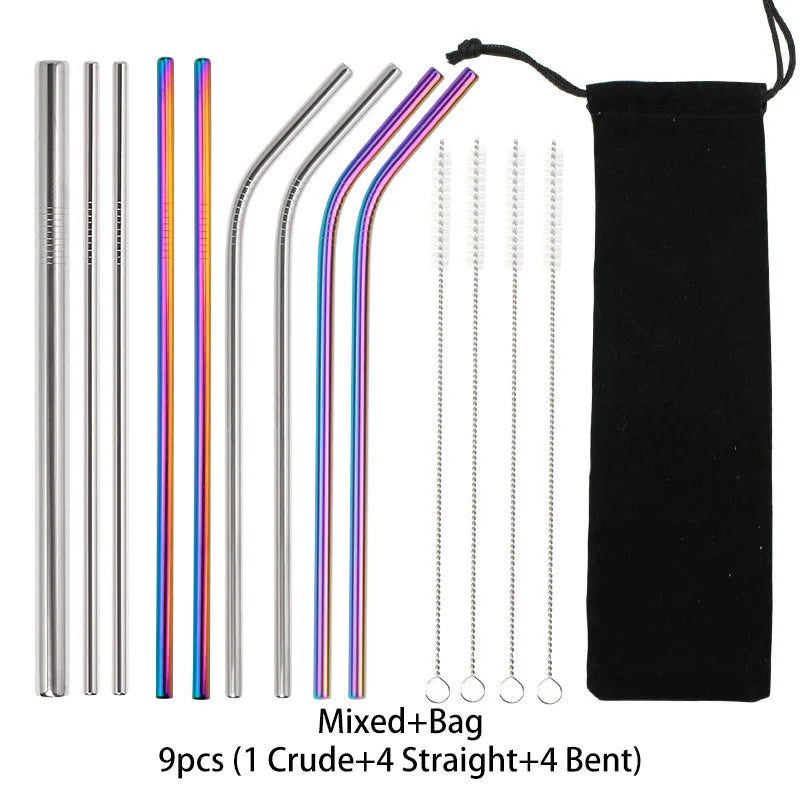 Metal Reusable Stainless Steel Straws Straight Bent With Cleaning Brush Set Party Bar accessory