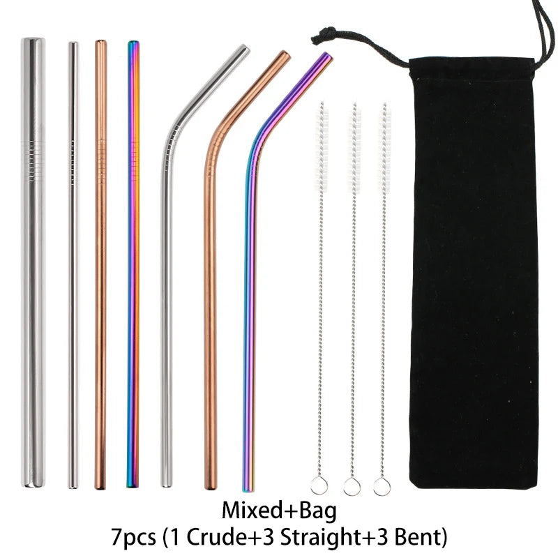 Metal Reusable Stainless Steel Straws Straight Bent With Cleaning Brush Set Party Bar accessory