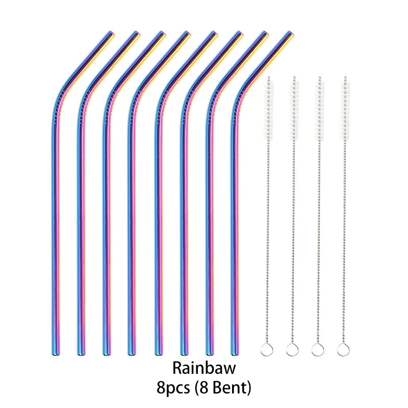 Metal Reusable Stainless Steel Straws Straight Bent With Cleaning Brush Set Party Bar accessory